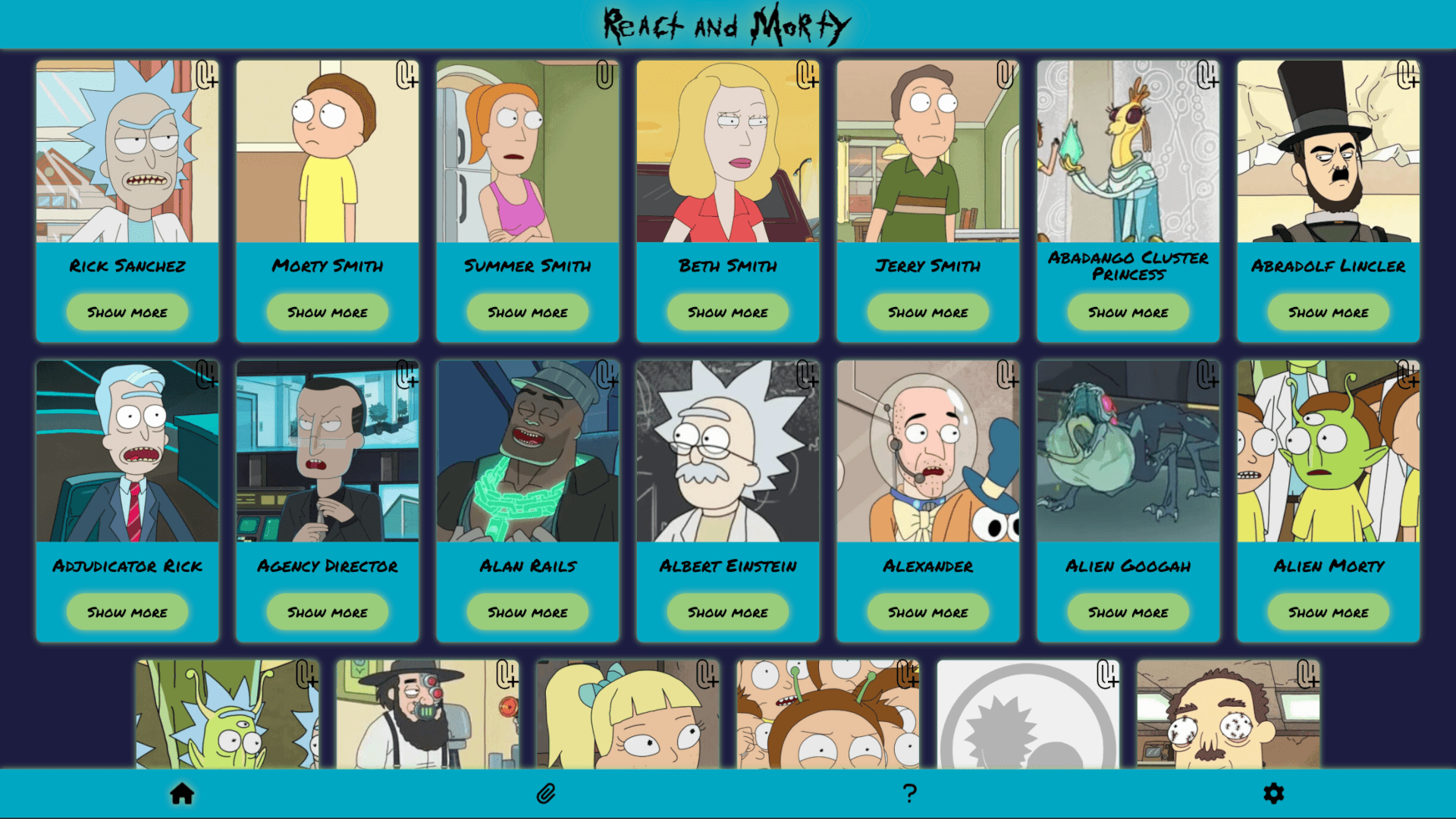 A screenshot of React & Morty's interface.